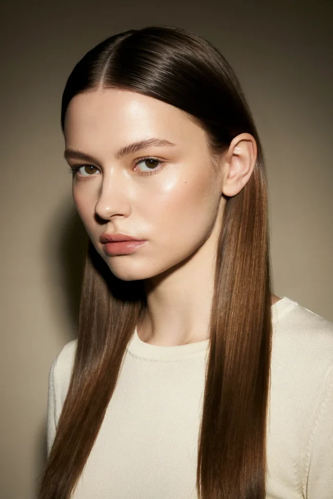 20 Pretty Open Hair Looks for a Soft Glam Vibe center parted straight sleek hair