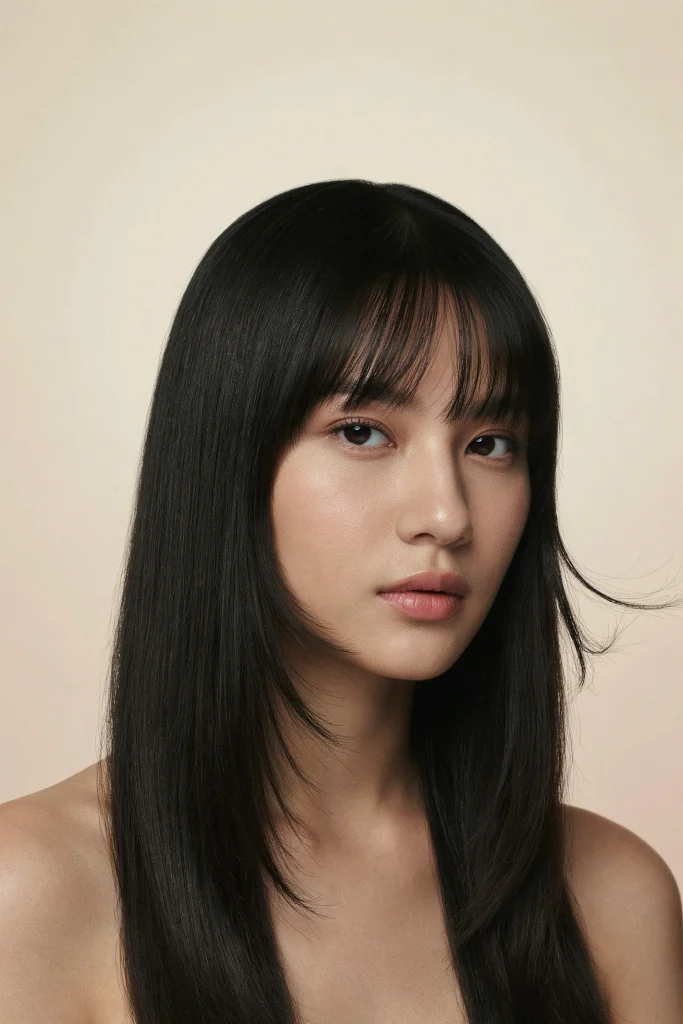  Glossy Straight Hair with Curtain Bangs