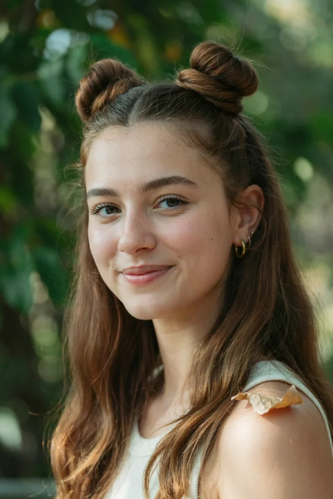 23 Open Hairstyles for a Cute Everyday Look Half-Up Space Buns with Loose Ends