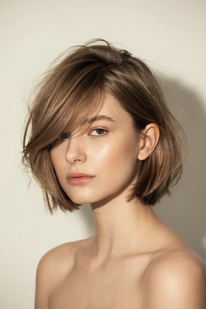 short layered cut with side swept bangs