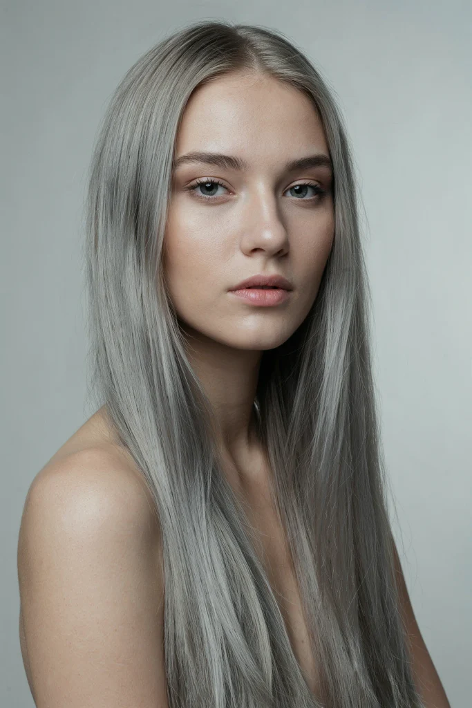23 Glossy Straight Hair Looks That Shine Bright silver gray glossy straight hair
