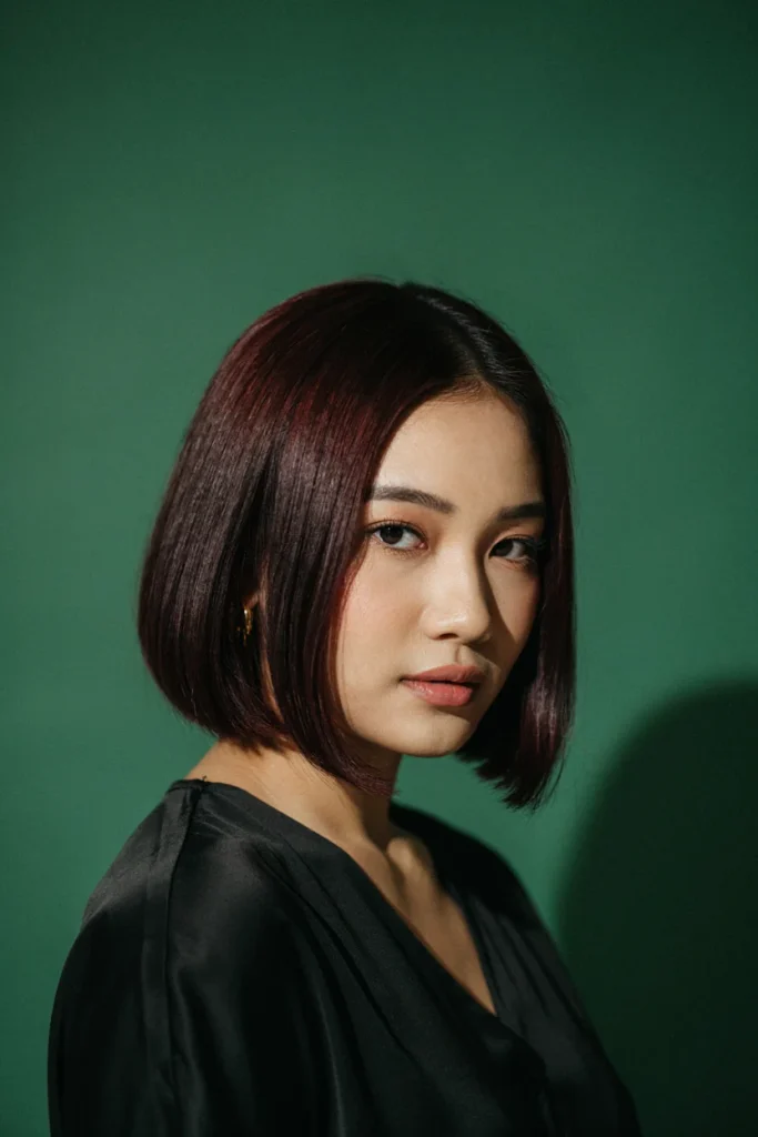 Dark Cherry Blunt Bob Side Part