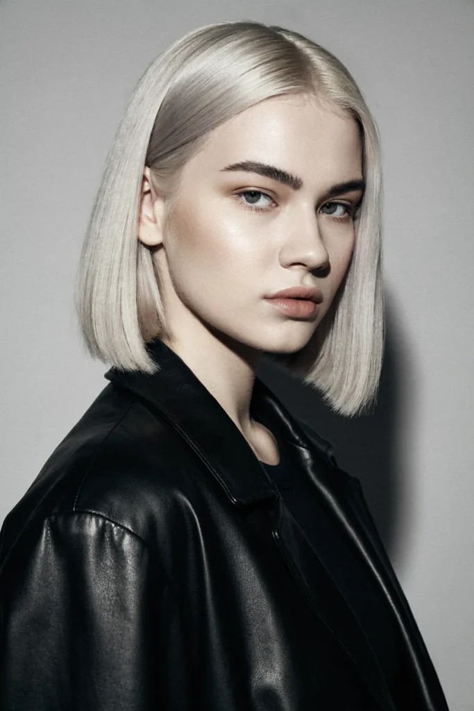  Icy Platinum Blunt Bob with Side Part